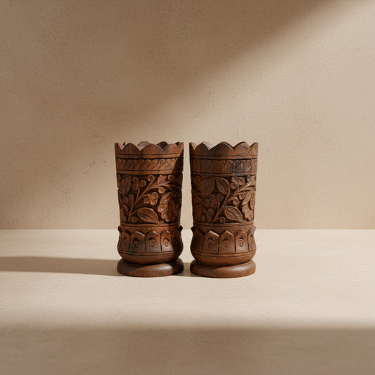 Hand-Carved Wooden Decorative Vase Pair | Artisan Home Décor