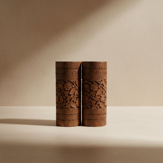 Natural Finish Hand-Carved Wooden Decorative Vase Pair – Natural Finish
