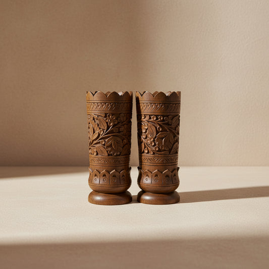 Hand-Carved Wooden Decorative Vase Pair | Artisan Home Décor