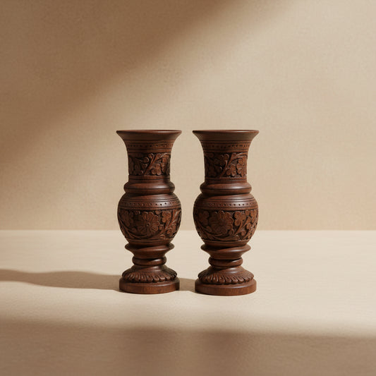Hand-Carved Wooden Decorative Vase Pair | Artisan Home Décor