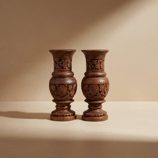 Hand-Carved Wooden Decorative Vase Pair | Artisan Home Décor
