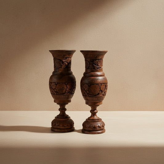 Hand-Carved Wooden Decorative Vase Pair | Artisan Home Décor