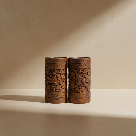 Hand-Carved Wooden Decorative Vase Pair | Artisan Home Décor