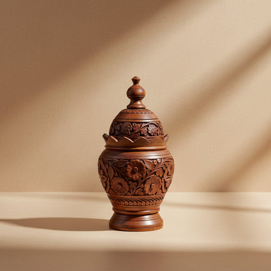 Hand-Carved Wooden Decorative Jar with Lid | Artisan Home Décor