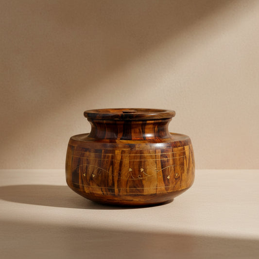 Handcrafted Brass Inlay Wooden Decorative Pot