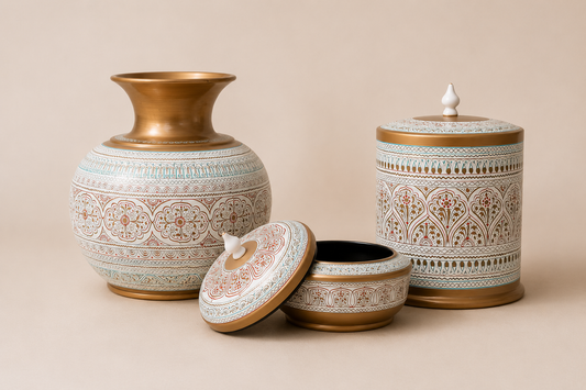 Hand-Painted Kashikari Home Décor Gift Set – Vase, Jar & Jewelry Pot