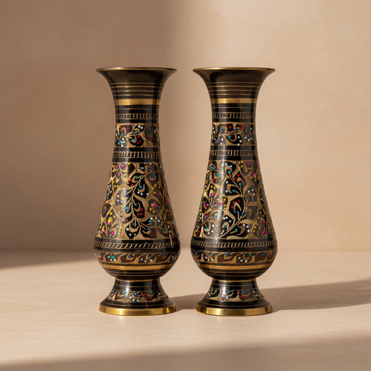Saati Hand-Etched Tall Brass Vase Set of 2