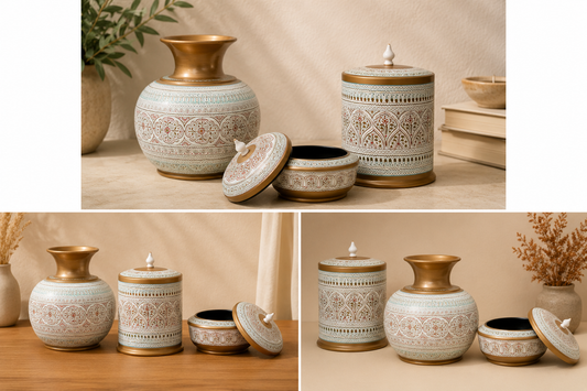 Hand-Painted Kashikari Home Décor Gift Set – Vase, Jar & Jewelry Pot