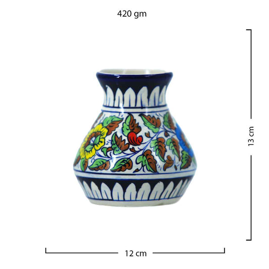Decorative ceramic vase with floral patterns and measurements on a white background