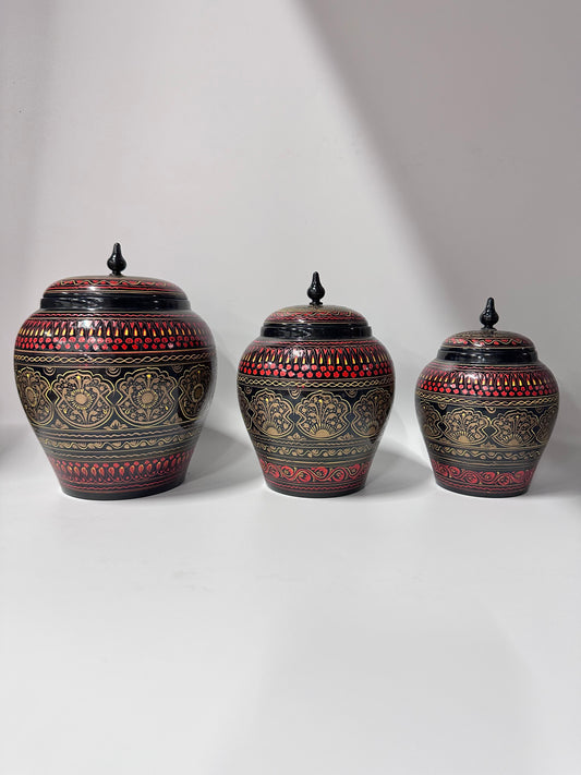 Candy Jar Set of 3 jars smallHand-Painted Kashikari Candy Jar Set of 3 – Rounded Decorative Storage Jarsmedium large.Hand Etched