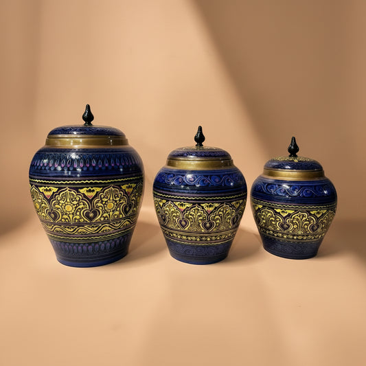 Candy Jar Set of 3 jars smallHand-Painted Kashikari Candy Jar Set of 3 – Rounded Decorative Storage Jarsmedium large.Hand Etched