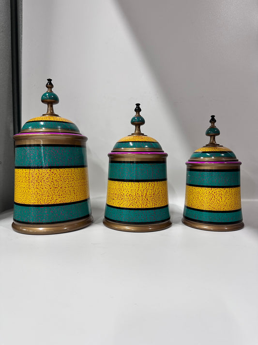 Hand-Painted Kashikari Candy Jar Set of 3 – Cylindrical Decorative Storage Jars