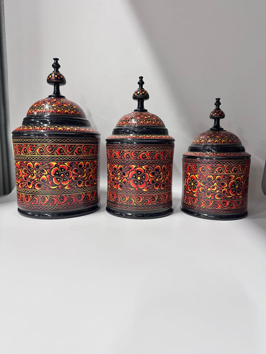 Candy Jar Set of 3 jars small medium large. Hand-Painted Kashikari Candy Jar Set of 3 – Cylindrical Decorative Storage Jar Etched.