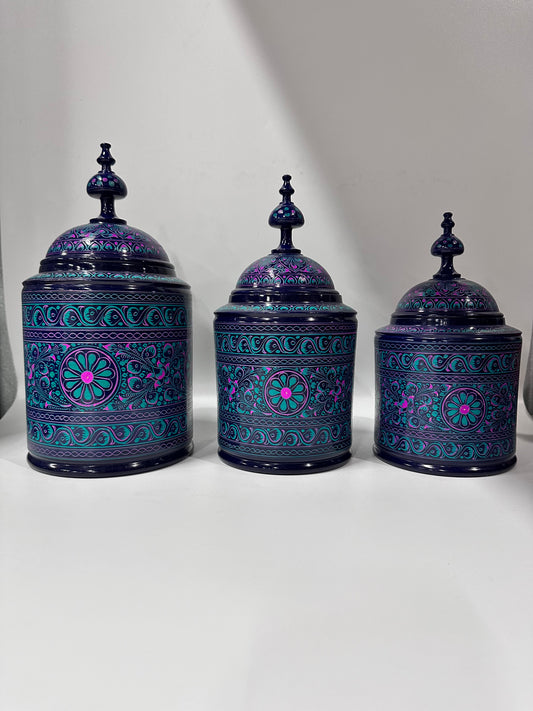 Candy Jar Set of 3 jars small medium large. Hand-Painted Kashikari Candy Jar Set of 3 – Cylindrical Decorative Storage Jar Etched.