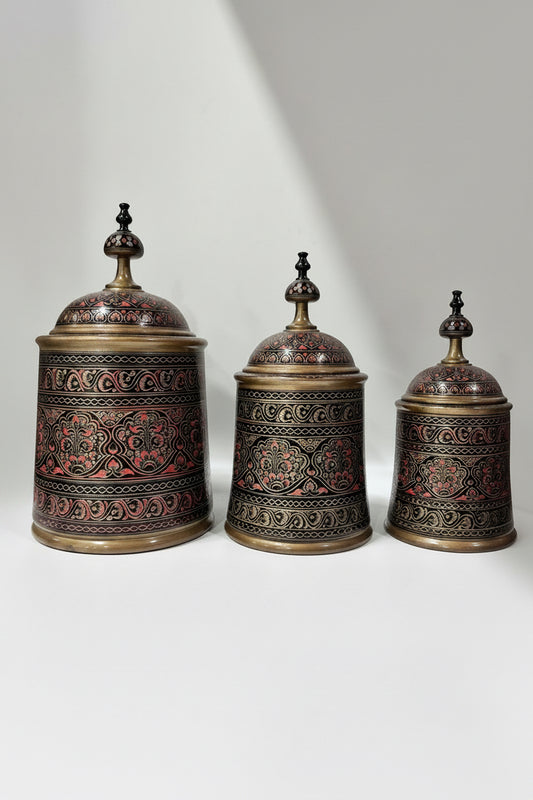 Candy Jar Set of 3 jars small medium large. Hand-Painted Kashikari Candy Jar Set of 3 – Cylindrical Decorative Storage Jar Etched.