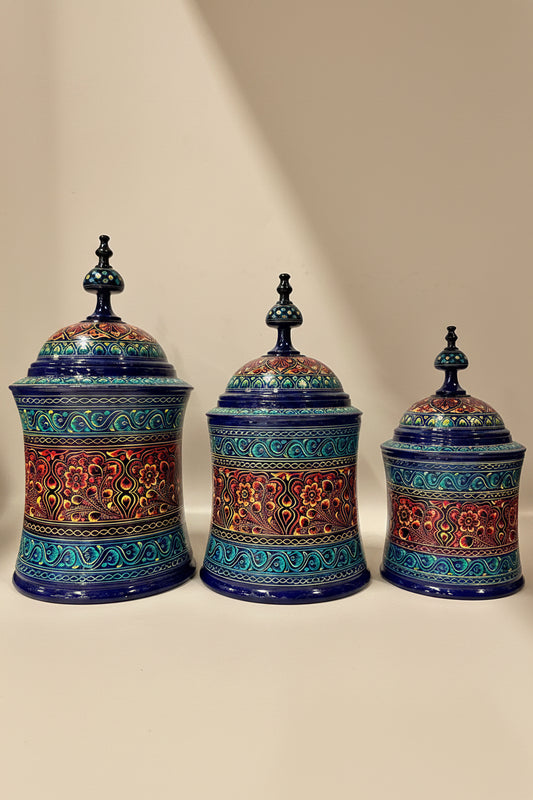 Candy Jar Set of 3 jars small medium large. Hand-Painted Kashikari Candy Jar Set of 3 – Cylindrical Decorative Storage Jar Etched.