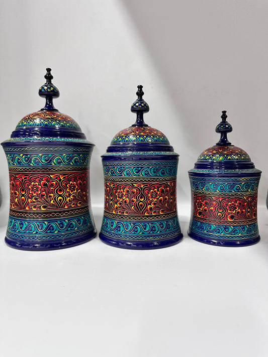 Candy Jar Set of 3 jars small medium large. Hand-Painted Kashikari Candy Jar Set of 3 – Cylindrical Decorative Storage Jar Etched.