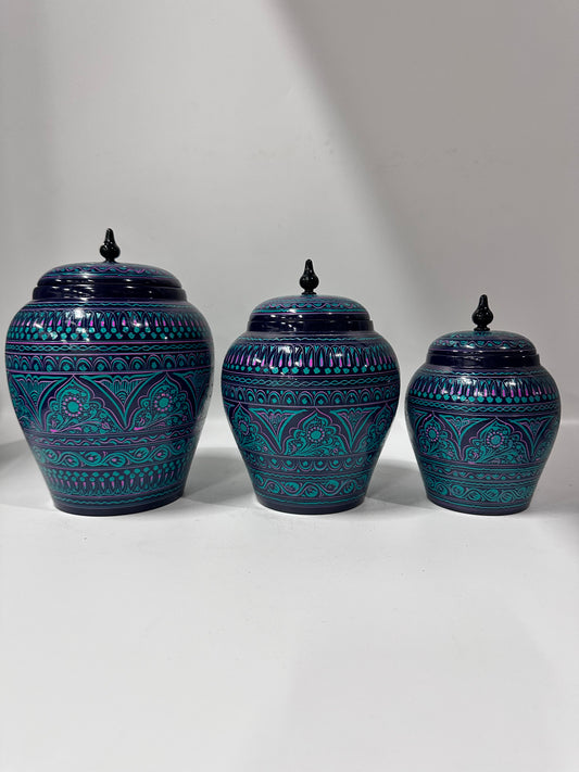 Candy Jar Set of 3 jars smallHand-Painted Kashikari Candy Jar Set of 3 – Rounded Decorative Storage Jarsmedium large.Hand Etched