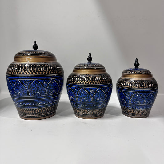 Candy Jar Set of 3 jars smallHand-Painted Kashikari Candy Jar Set of 3 – Rounded Decorative Storage Jarsmedium large.Hand Etched