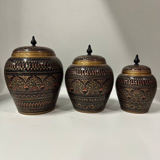 Candy Jar Set of 3 jars smallHand-Painted Kashikari Candy Jar Set of 3 – Rounded Decorative Storage Jarsmedium large.Hand Etched