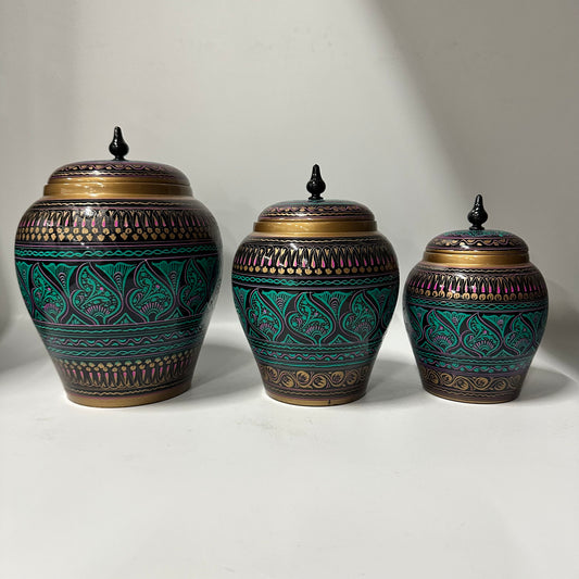 Candy Jar Set of 3 jars smallHand-Painted Kashikari Candy Jar Set of 3 – Rounded Decorative Storage Jarsmedium large.Hand Etched
