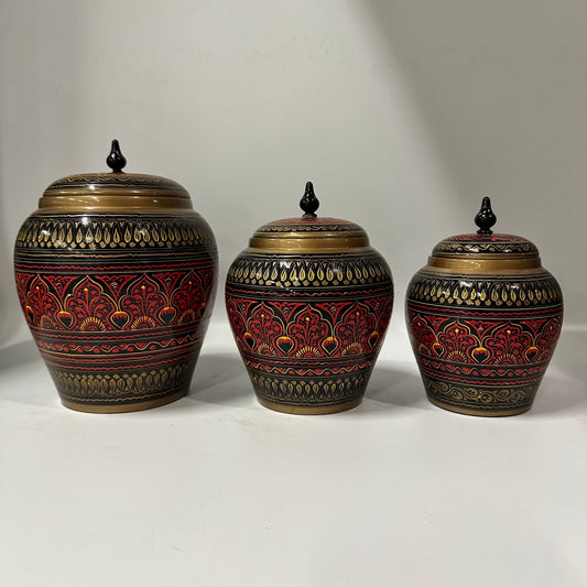 Candy Jar Set of 3 jars smallHand-Painted Kashikari Candy Jar Set of 3 – Rounded Decorative Storage Jarsmedium large.Hand Etched