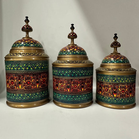 Candy Jar Set of 3 jars small medium large. Hand-Painted Kashikari Candy Jar Set of 3 – Cylindrical Decorative Storage Jar Etched.