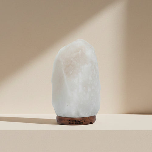 White stone-like lamp with wooden base on a white background